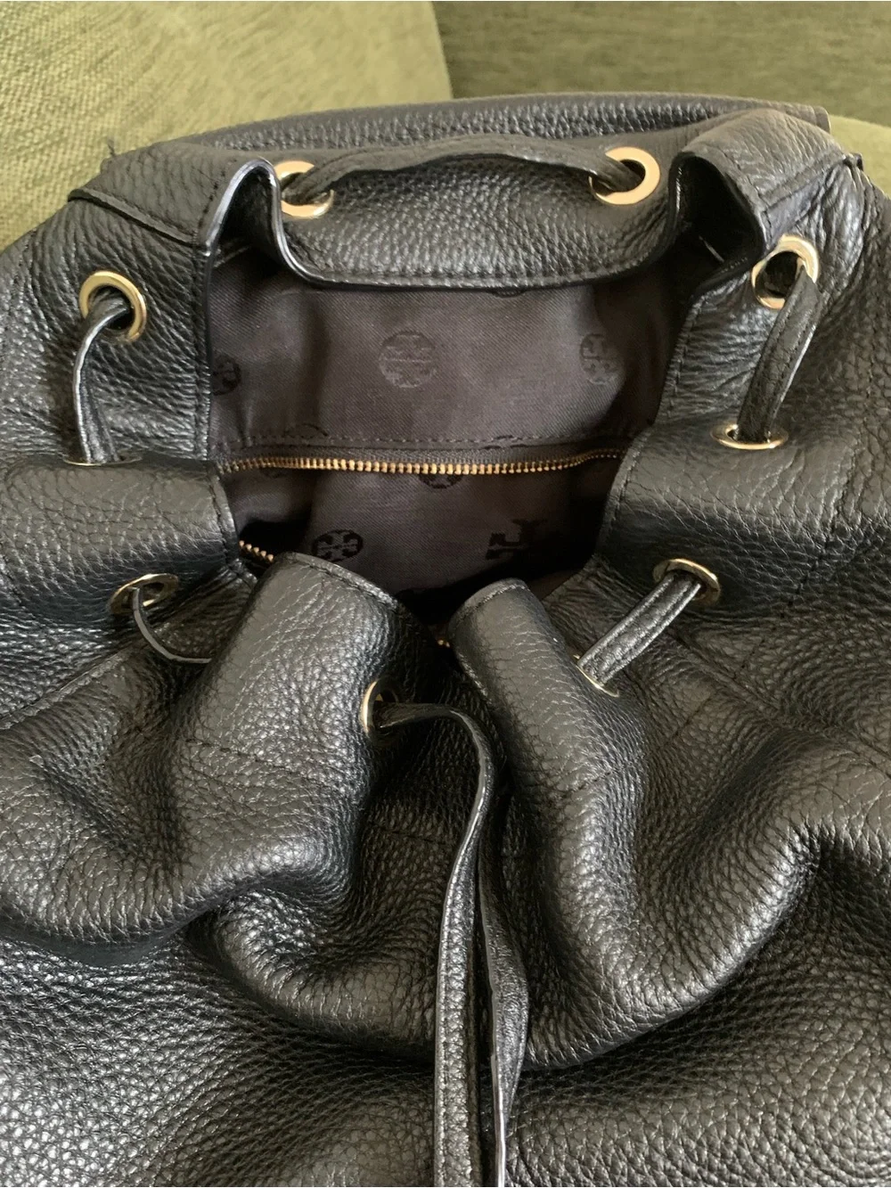 Tory Burch Black Pebbled Leather Logo Drawstring Backpack